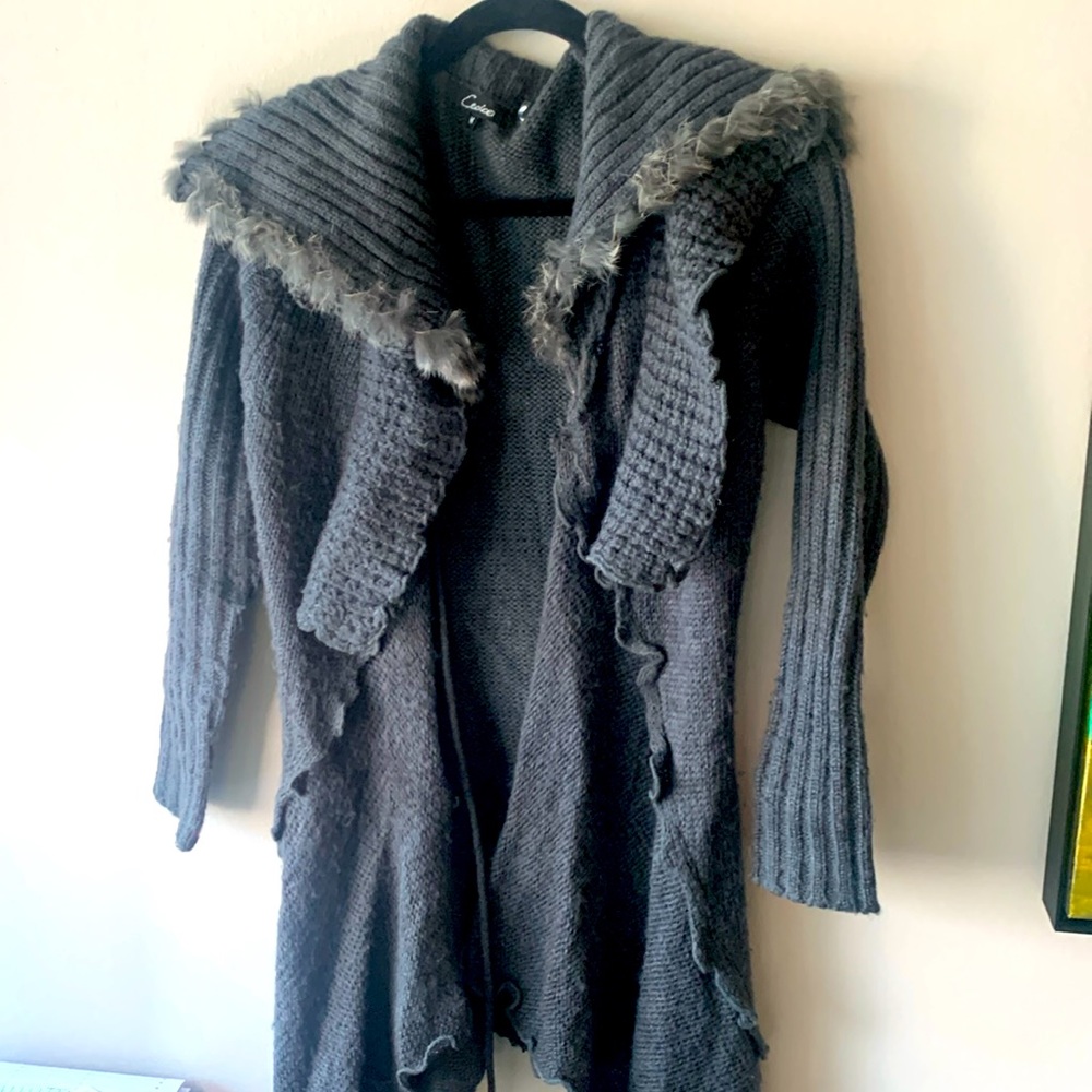 Vintage Cecico draped long sweater coat with fur collar detail